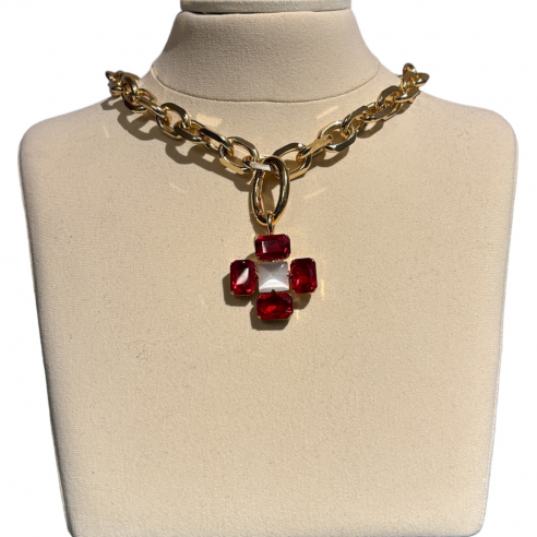 ALEVA' CIONDOLO CROCE QUADRA ORO ROSSO