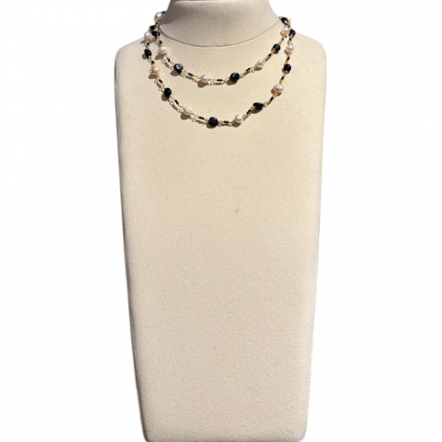 ALEVA' COLLANA ROSARIO AGATA NERA E PERLE