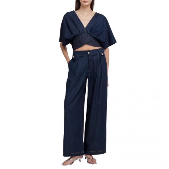 WEILI ZHENG S26PL13 PANTALONE AMPIO IN CHAMBRAY DEEP BLUE DENIM