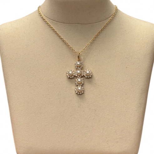 ALEVA' CIONDOLO CROCE LULU MINI ORO PERLE