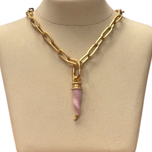 ALEVA' CIONDOLO CORNO ORO SMALTATO ROSA TENUE